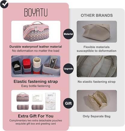 BOYATU Travel Makeup Bag for Women: Western Boho Make up Bag Set of 3 - Large Capacity Vegan Leather Cosmetic Bag - Waterproof Toiletry Bag with Compartments & Handle & Divider(J-1-Pink)