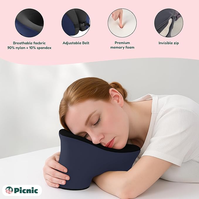 Picnic Neck Pillow for Traveling | 100% Pure Memory Foam Travel Pillow for Airplanes, Car & Office | Ergonomic Support with Adjustable Clasp, Eye Mask & Compact Travel Bag | Perfect for Relaxation