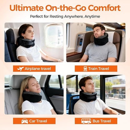 Memory Foam Neck Pillow for Airplane Travel - Ergonomic Support for Long Flights, Car Rides, Office & Home Use - Includes Contoured Eye Mask & Head Support - Adjustable Sizes M-L (Black)