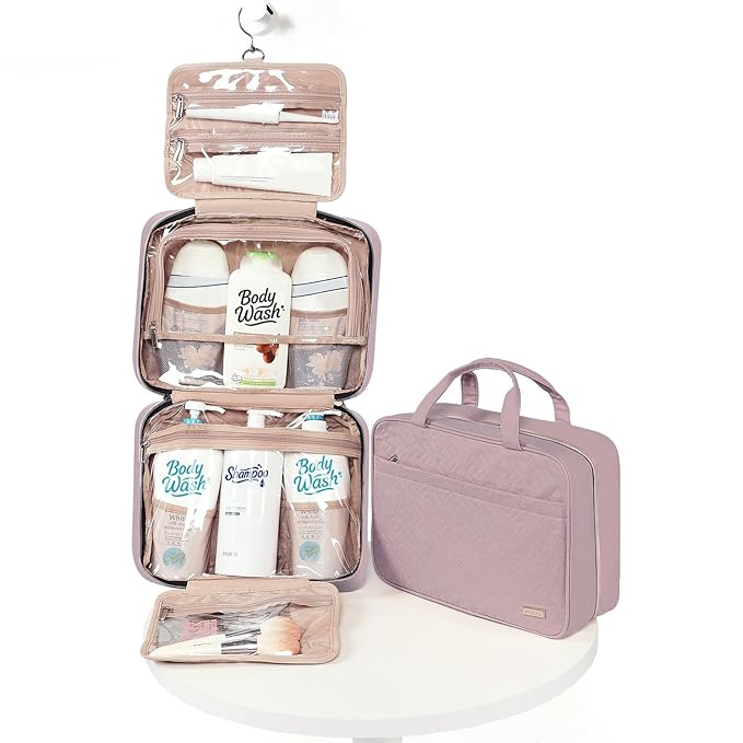 NISHEL Travel Toiletry Bag for women, Portable Hanging Organizer for Family-Sized Shampoo, Conditioner, Brushes Set, Makeup Accessories, Extra Large Size, Peach Pink