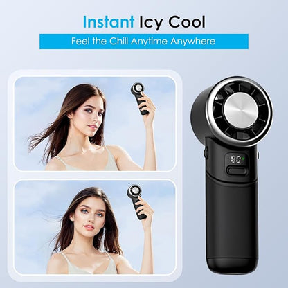 Portable Handheld Turbo Fan with Ice Cooler, 5-Speed Strong Wind, 10H Cooling Time, Rechargeable Foldable Mini Fan, LED Display, Small Powerful Personal Fans for Travel, Outdoor, Office, Black