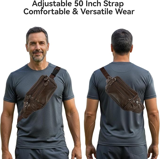 Brown Leather Fanny Pack for Men & Women,Fashionable Multi-Pockets Waist Belt Bag for Travel Sports Hiking Cycling Fishing Running