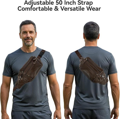 Brown Leather Fanny Pack for Men & Women,Fashionable Multi-Pockets Waist Belt Bag for Travel Sports Hiking Cycling Fishing Running
