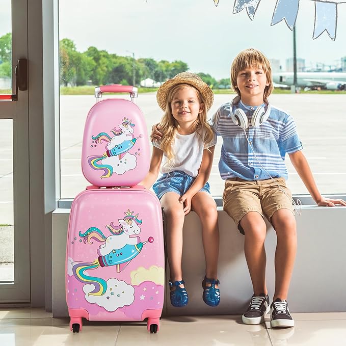 KOTEK Kids Carry On Luggage Set, 18" Hardside Rolling Suitcase with Spinner Wheels, Travel Rolling Luggage for Boys Girls (Pink Unicorn)