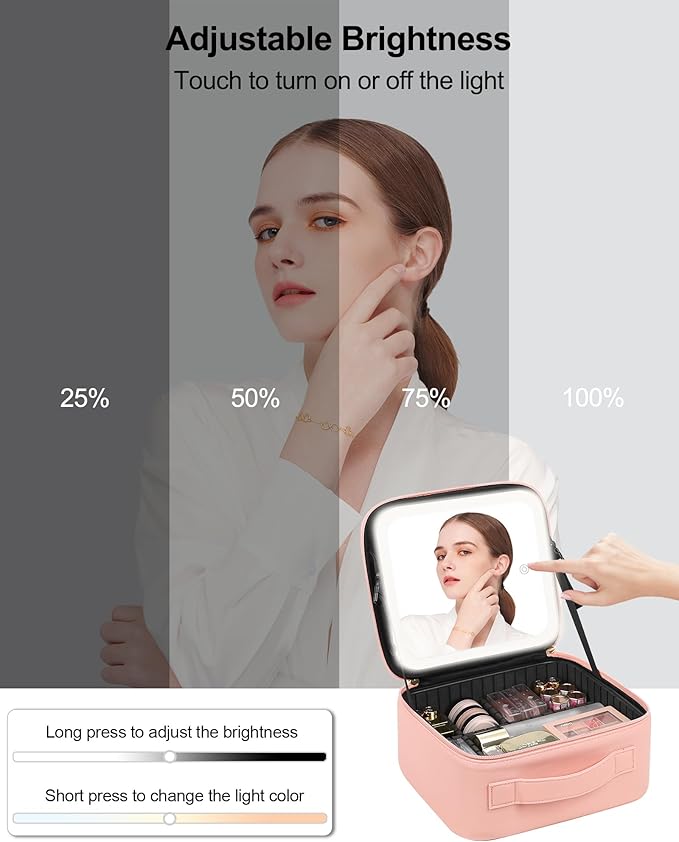 Chomeiu Makeup Bag with LED Mirror, Cute Cosmetic Bags Birthday Gifts for Girls Women, Makeup Train Case Artists Organizer Large Make Up Bags with Light Up Mirror 3 Color Lights, Pink 2