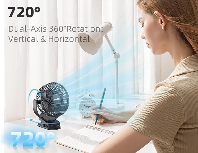 USB Personal Clip on Fan 5000mAh Battery Operated 6in, Type C, 3 Speed, 720° adjustment, Small Portable Fan for Table, Bedroom, Desk, dormitory, Camping, Stroller, Golf Cart