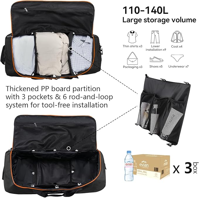 Vomgomfom Wheeled Collapsible Duffel Bag,110L-140L Expandable Checked Luggage, No-Telescopic-Handle with Anti-Burst Zipper & Reinforced Frame,Black-orange