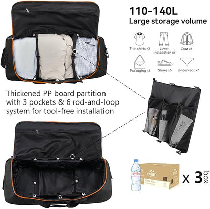 Vomgomfom Wheeled Collapsible Duffel Bag,110L-140L Expandable Checked Luggage, No-Telescopic-Handle with Anti-Burst Zipper & Reinforced Frame,Black-orange