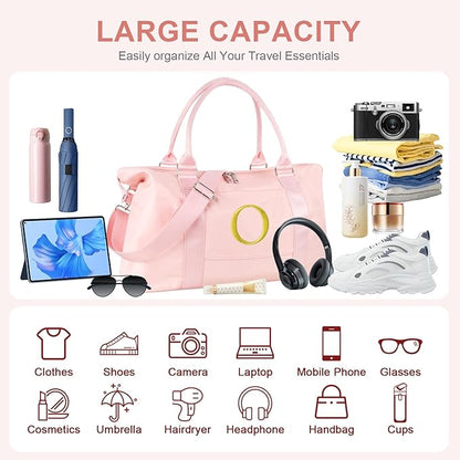 Personalized Initial Gym Dance Bag, Travel Duffel Bag for Teen Girls, Carry On Bag Overnight Weekender Bag with Trolley Sleeve, Birthday Gifts for Women Mom Daughter Graduation Gift(Letter O, Pink)