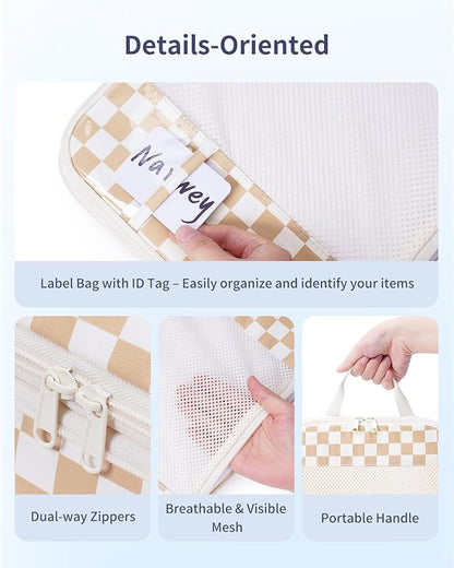 Narwey 5 Set Compression Packing Cubes for Travel, Luggage Packing Organizer Bags for Carry on Suitcase, Expandable Checkered Storage Bags with Laundry & Handle (Light Checkerboard)