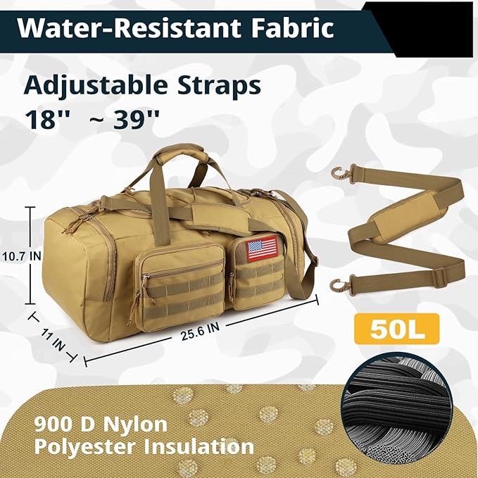 Tactical Gym Bag for Men，50L Large 3 in 1 Sports Duffle Bag with Shoes Compartment for Travel,Water Resistant Travel Backpack Weekender Overnight Bag with Wet Pocket for Women