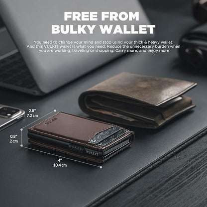 VULKIT Men's Wallet with ID Window Premium Leather Wallets RFID Blocking Minimalist Wallet Pop Up Card Holder Magnetic Closure