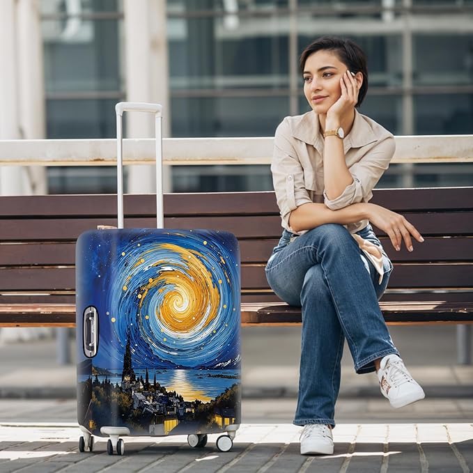 Art Print Travel Suitcase Cover – Starry Night Style Waterproof Luggage Cover and Stretchable Suitcase Protector for Checked Bags,Fits 32"-34" Luggage,XL