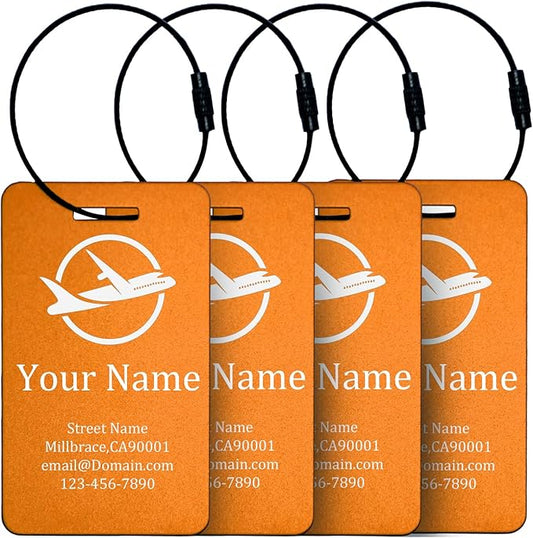 Luggage Tags for suitcases Tags Pack of 4 Personalized Luggage Tags Double Sided Laser Engraving Metal Luggage Tag and Stainless Loops Customizable Luggage Tag Cruise Luggage tag (Orange, Large)