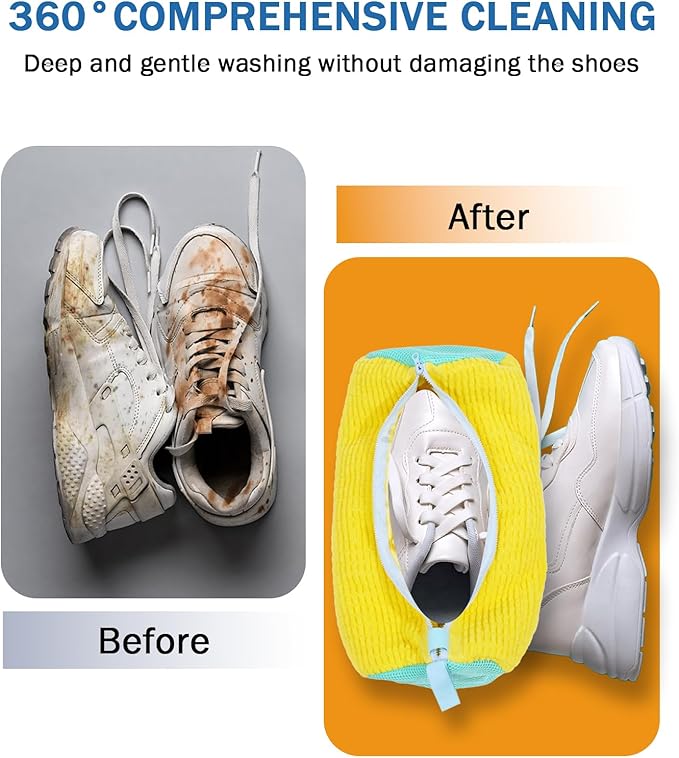 Shoe Washing Machine Bag, 2Pcs Laundry Shoe Bags for Washer and Dryer, 360° Deep Clean, Reusable Cleaning Kit for All Shoe Sizes, Endurable Zipper Washing Bag for Sneaker Gym Shoes, Yellow