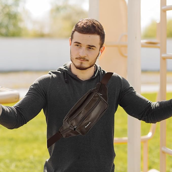 Leather Fanny Pack for Men Women,Genuine Leather Waist Belt Bag with Adjustable Strap Belt Hip Bag with Multi-Pockets for Travel Sports Running Cycling Hiking (brown)