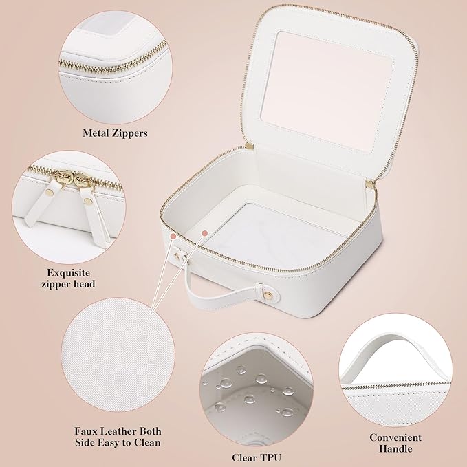 Pinkmik Clear Makeup Bag with Brush Bag 2pcs Waterproof Travel Case for Cosmetics and Toiletries Women's Cosmetic Organizer with Zipper (White, L+SLIM)