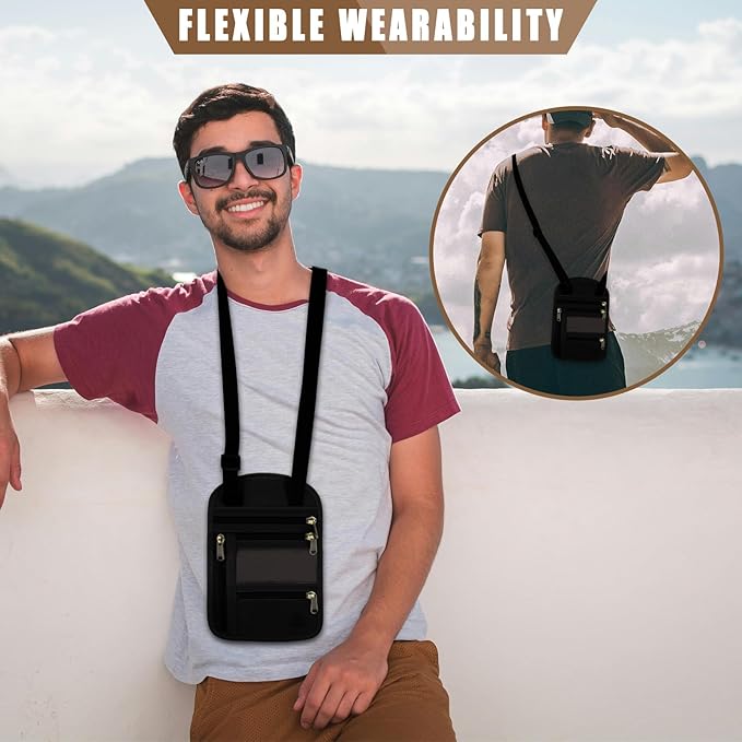 Ringsun Genuine Leather Passport Holder For Travel, RFID Blocking Slim Neck Wallet with Adjustable Strap for Women and Men, Travel Essentials to Keep Cash, Credit Cards and Documents Safe, Black