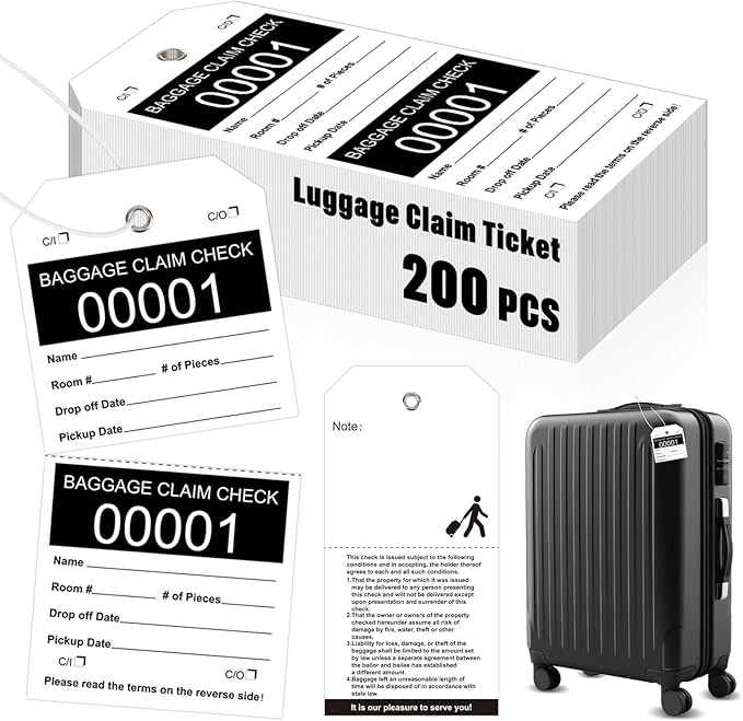 200 Pcs Baggage Claim Tag Hotel Luggage Tag Bulk with White String Paper Baggage Claim Check Tags Perforated Claim Ticket Black Luggage Id Tickets Serial Numbering for Hotel Motel Bag Storage