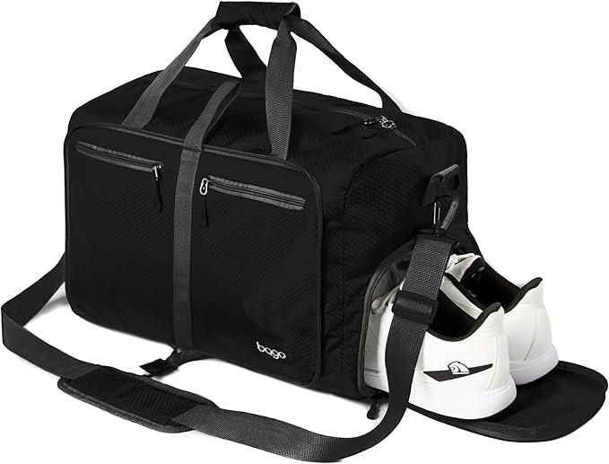 Bago Foldable Duffel Bags for Traveling Women & Men - 60L Medium Packable Duffle Bag for Travel with Shoe Compartment - Water Repellant, Heavy Duty, Lightweight Folding & Collapsible (All Black)