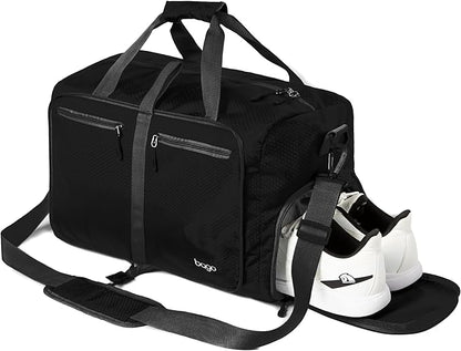 Bago Foldable Duffel Bags for Traveling Women & Men - 60L Medium Packable Duffle Bag for Travel with Shoe Compartment - Water Repellant, Heavy Duty, Lightweight Folding & Collapsible (All Black)