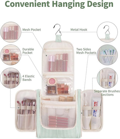 Narwey Striped Hanging Travel Toiletry Bag for Women, Travel Bag for Toiletries, Makeup Bag Organizer Cosmetic Bags Make Up Bags for Women (Mint Green Stripe)