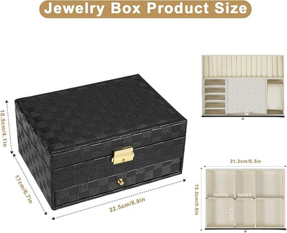 GUOER Jewelry Box for Women Girl Wife - Large PU Leather Jewelry Organizer Storage Case with Two Layers Display for Earrings Bracelets Rings Watches (Checkered Black)