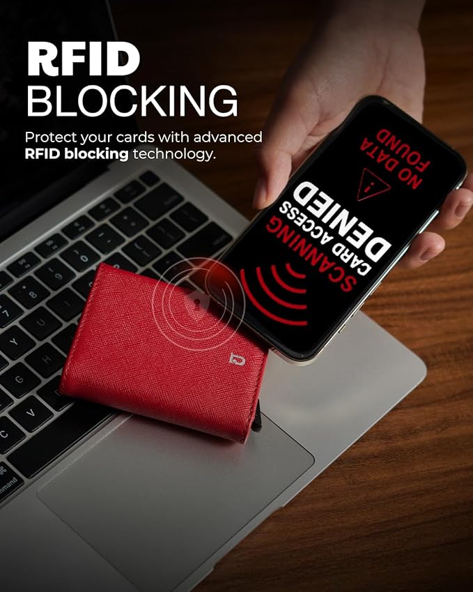 Jenoss Smart AirTag Wallet for Men & Women: Full Grain Leather, Black Pop Up Case, Slim, RFID Blocking, Credit Card Holder Apple Air Tag Tracker Trifold Minimalist 12 Slot ID (Red & Black)