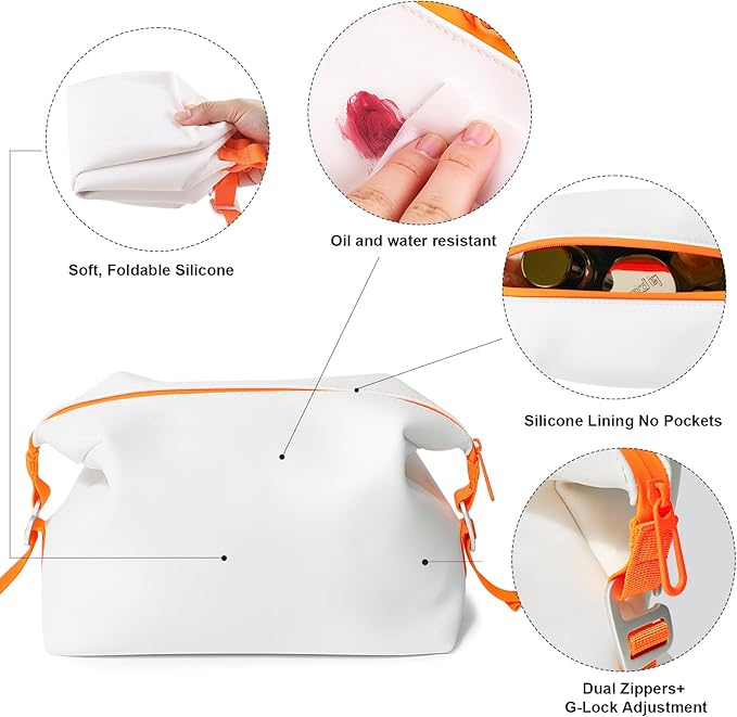 Vomgomfom 3L 6.5 Inch Silicone Toiletry Bag, Waterproof Leakproof Travel Cosmetic Organizer, Adjustable G-Buckle Compression Dopp Kit, Foldable Makeup Bag for Women & Men, White