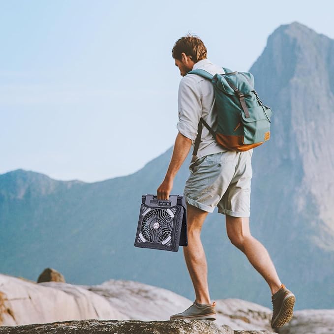 Solar Fan Battery Powered Rechargeable Solar Camping Fan with Led Lantern & Power Bank Foldable Angle USB Personal Fans for Travel Outdoor Camping Tents X98 Black