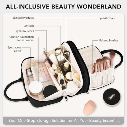 Travel Makeup Bag for Women Fashion Large Capacity Pouch Open Flat Cosmetic Portable Organizer Waterproof Large Opening Storage Toiletry Bags Vertical Free-Standing Brush Holder for Easy Access Black