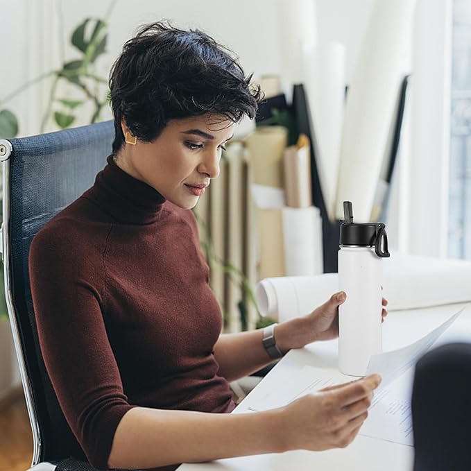 Volhoply 24oz Insulated Water Bottle With Straw Bulk 3 Pack,Metal Wide Mouth Water Bottles With Handle Lid Keep Cold,Reusable Double Wall Cups,Powder Coated Sport Bottle For Holder(White,3 Count)