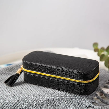BONNY DODO Small Travel Jewelry Organizers Box for women with PU Leather Portable Mini Jewelry Case with compartments for Necklace Rings Earrings,Luxury Giftable boxes.(Black, S)