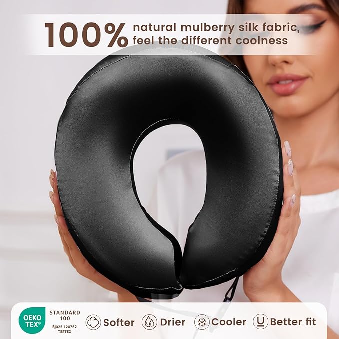 THXSILK 100% Mulberry Silk Neck Pillow for Traveling, Pure Memory Foam Travel Pillow for Airplanes, Travel Neck Pillow for Sleeping, Head and Neck Support, Includes Storage Bag (Black)