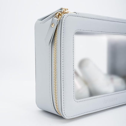 Aveniee Clear Makeup Bag Organizer Set,Portable Travel Toiletry Cosmetic Bag Case for Women,Vegan Leather Make Up Pouch Car Bag for Essentials,Middle+Large,Blue