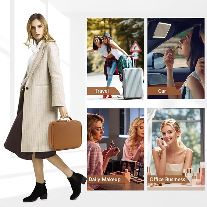 Travel Makeup Bag for Women and Makeup Artists Cosmetic Organizer Large Makeup Case,Travel Makeup Bag with Mirror 3 Color Setting,Portable Storage and Adjustable Dividers(light brown)