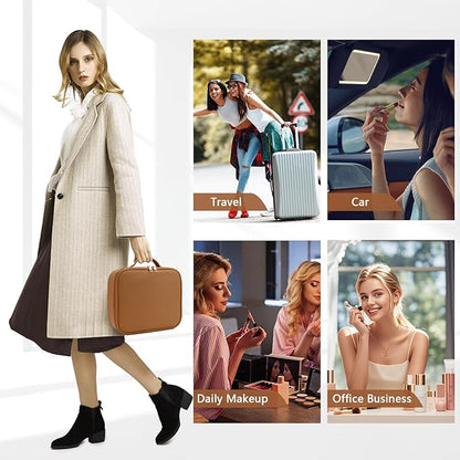 Travel Makeup Bag for Women and Makeup Artists Cosmetic Organizer Large Makeup Case,Travel Makeup Bag with Mirror 3 Color Setting,Portable Storage and Adjustable Dividers(light brown)