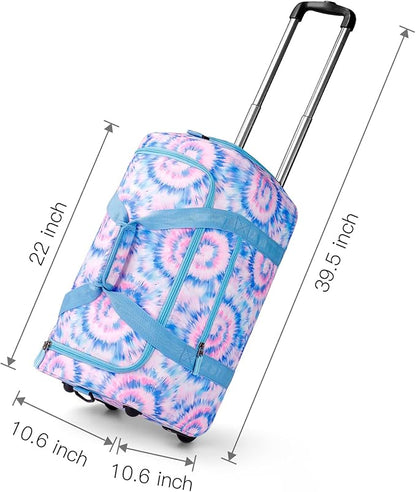 Choco Mocha Girls Tie Dye Suitcase with Wheels Kids Blue Rolling Duffle Bag for Camping Teen Girls Toddler Luggage Bag for Travel, 22inch
