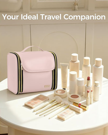 Hanging Toiletry Bag, PU Leather Makeup Bag Large Capacity with Jewelry Organizer for Brushes Set, Cosmetic Accessories, Pink