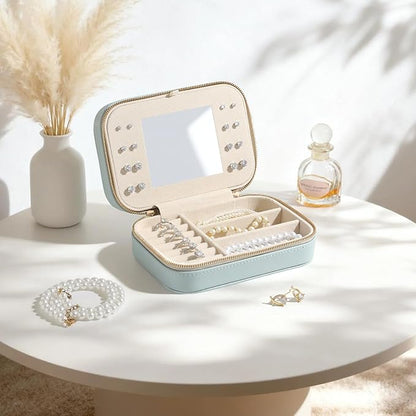 Genuine Leather Travel Jewelry Organizer Case with Mirror for Women, Small Mini Portable Jewelry Box for Ring Earrings Necklace Bracelet Luxury Gift for Women（Cyan）