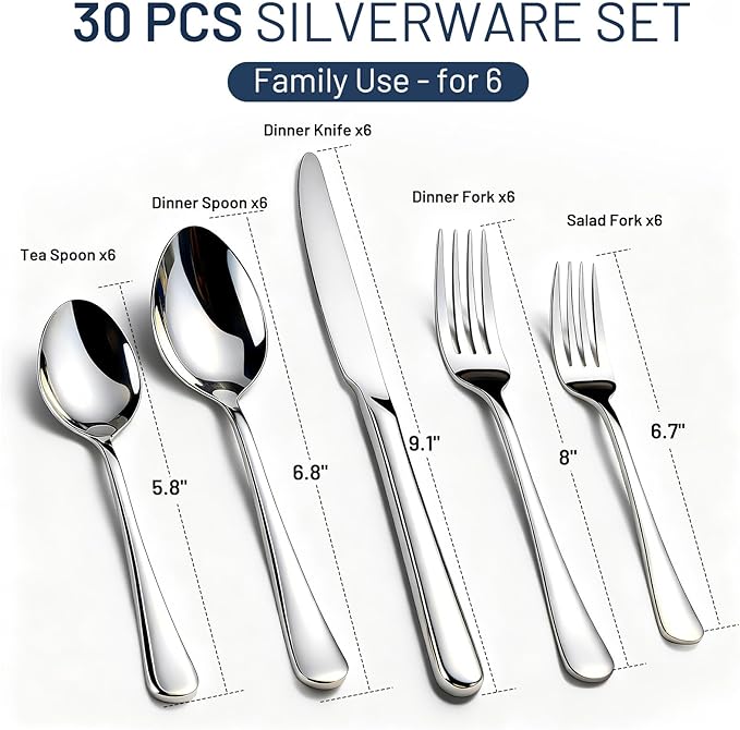 KIKCOIN 30 Pack Silverware Set for 6, Balanced Weight Stainless Steel Flatware Set, Mirror Polished Spoons And Forks Knife Set, Heavy Duty Cutlery Utensils Set for Home Kitchen Restaurant Wedding