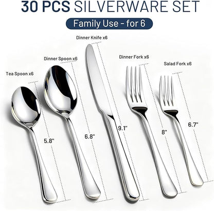 KIKCOIN 30 Pack Silverware Set for 6, Balanced Weight Stainless Steel Flatware Set, Mirror Polished Spoons And Forks Knife Set, Heavy Duty Cutlery Utensils Set for Home Kitchen Restaurant Wedding