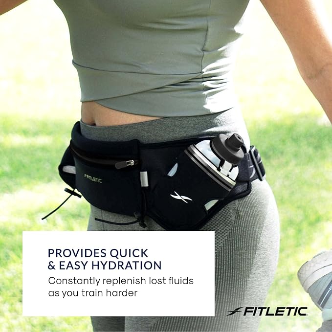 Fitletic Hydration Running Belt with Water Bottles for Men & Women – 2 Quick Flow 8oz Running Water Bottles, Patented Bounce Free Design, Water Resistant Pouch Fits All Phones – Hydra 16