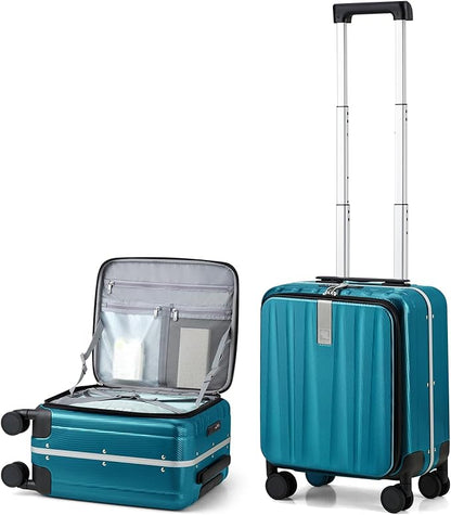 Hanke 16 Inch Small Carry On Luggage Hard Shell Top Opening Aluminum Frame Suitcase with Spinner Wheels, Underseat Front Open Luggage for Men & Women Business Travel and Short Trips, Caribbean Blue