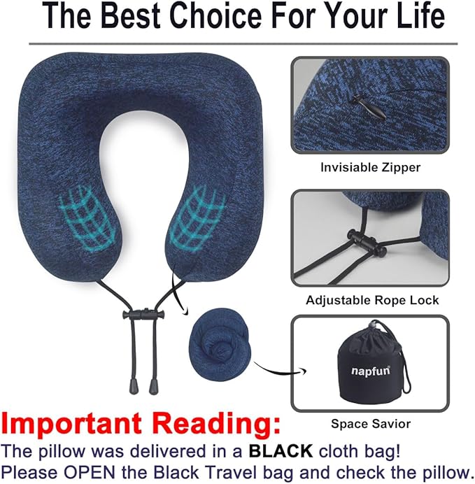 napfun Neck Pillow for Traveling, Upgraded Travel Neck Pillow for Airplane 100% Pure Memory Foam Travel Pillow for Flight Headrest Sleep, Portable Plane Accessories, Full Dark Blue