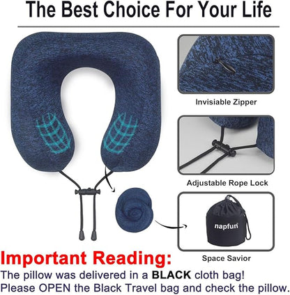 napfun Neck Pillow for Traveling, Upgraded Travel Neck Pillow for Airplane 100% Pure Memory Foam Travel Pillow for Flight Headrest Sleep, Portable Plane Accessories, Full Dark Blue