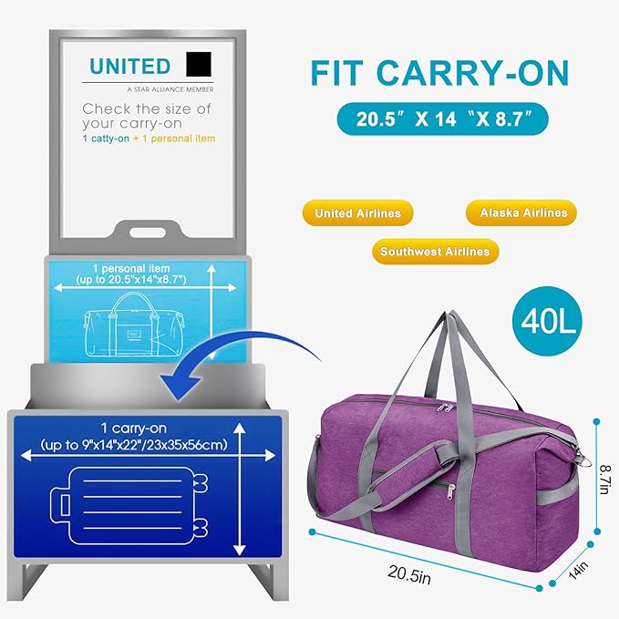Felipe Varela Carry on luaggage Airlines Approved, Foldable Carry on Bag Travel Duffel Bags Overnight weekender Gym Duffle Carry Bag with Wet Pocket & Shoe Compartment for Women Men (Purple, 40L)