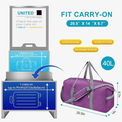 Felipe Varela Carry on luaggage Airlines Approved, Foldable Carry on Bag Travel Duffel Bags Overnight weekender Gym Duffle Carry Bag with Wet Pocket & Shoe Compartment for Women Men (Purple, 40L)