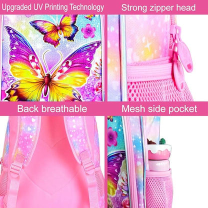 WZLVO 3PCS Butterfly Backpack for Girls, 16'' Kids Preschool Bookbag with Lunch Box, Cute Animal Water ResistantSchool Bag Set for Elementary Kindergarten Travel