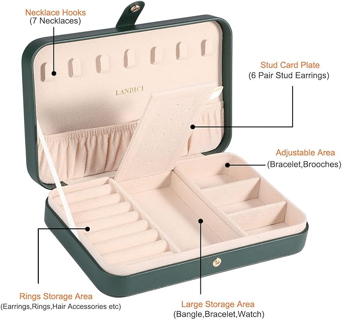 LANDICI Small Jewelry Box for Women Girls, PU Leather Travel Jewelry Organizer Case, Jewellery Storage Holder Display for Ring Earrings Necklace Bracelet Bangle Watch Men Kids Gift, Blackish Green